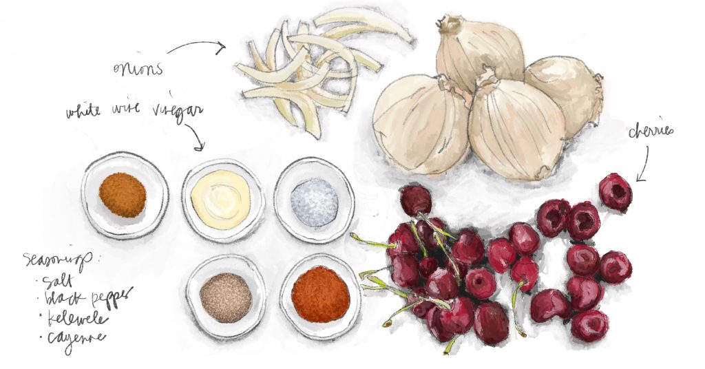Hand-drawn illustration of ingredients for pickled cherries.