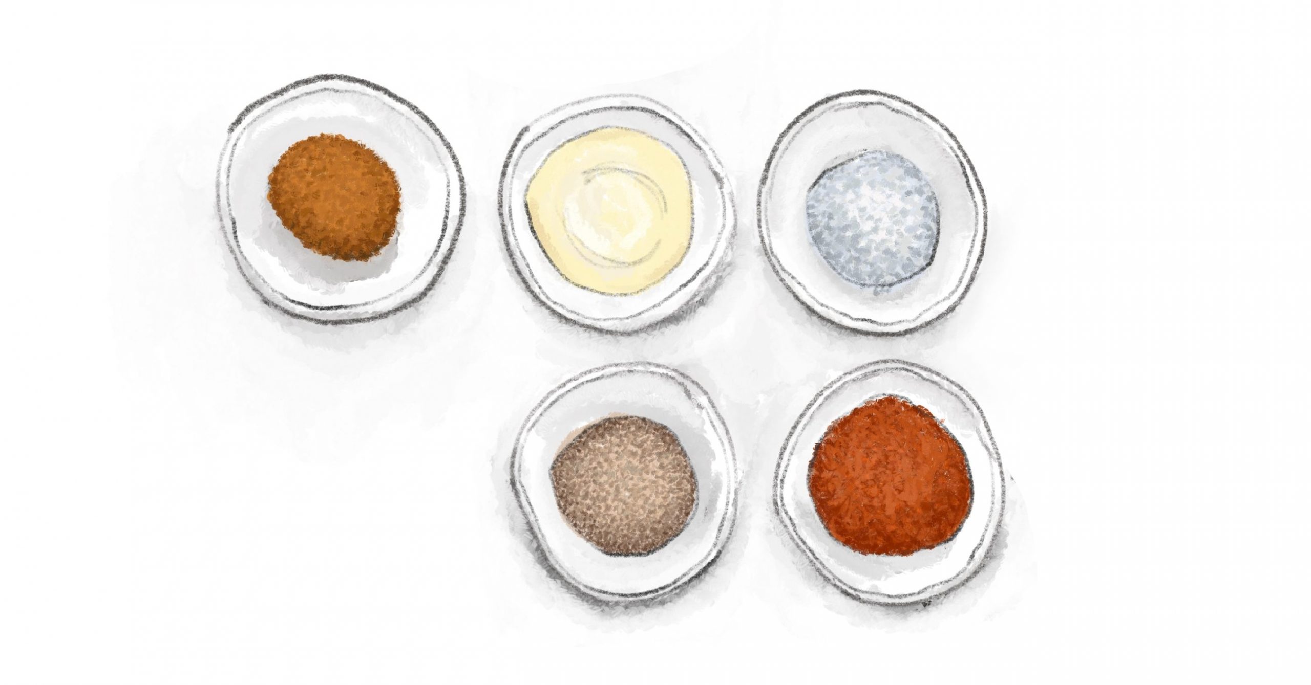 Hand-drawn illustration of a variety of spices in jars. 