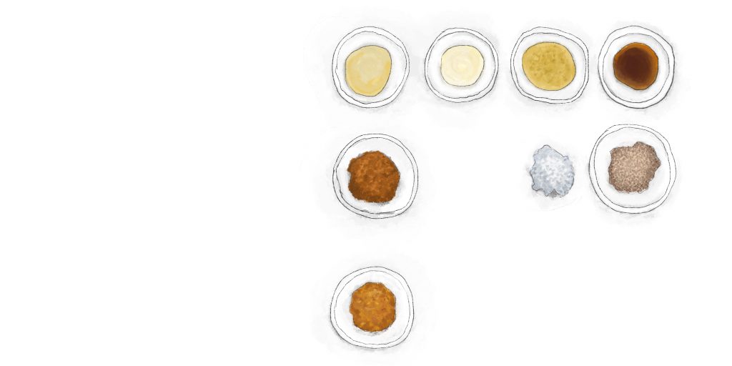 Hand-drawn illustration of bowls of spices. 
